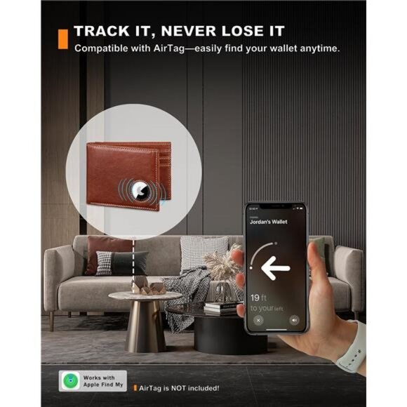 Bifold Full-Grain Leather Wallet for Apple Air Tag Slim Wallet for Men with RFID - Picture 4 of 7